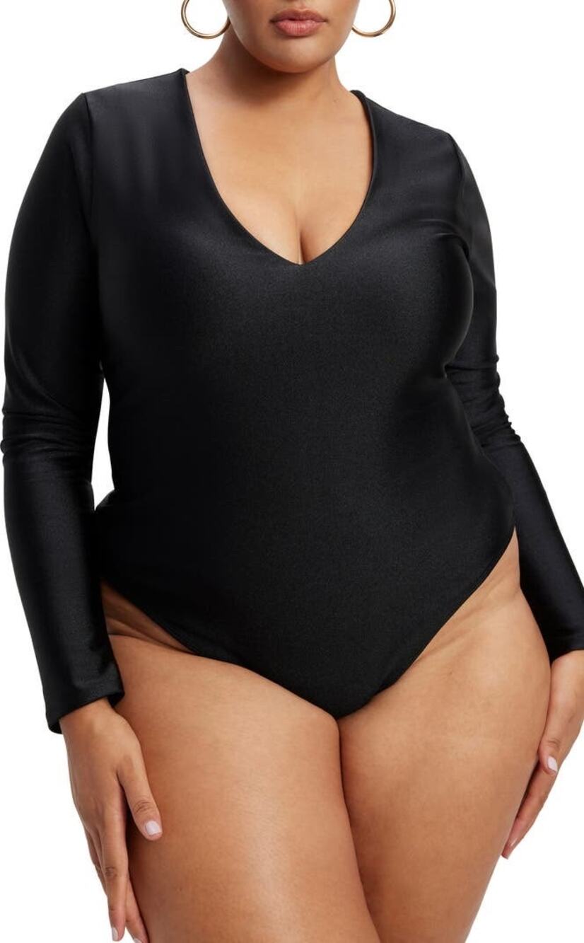 Good American High Shine Compression Deep V-Neck Long Sleeve Bodysuit Plus XXL
